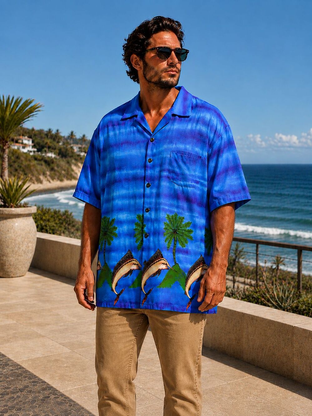 Hawaiian Shirt Mens XXL Blue Marlin Fish Palm Tree Tropical Button Up Cotton